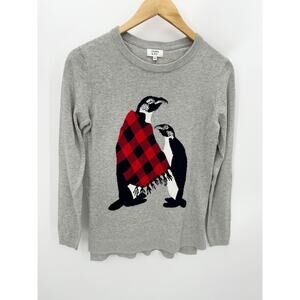Crown & Ivy Sweater Women XS NWT Grey Red Penguin Scarf Crewneck Knit Pullover